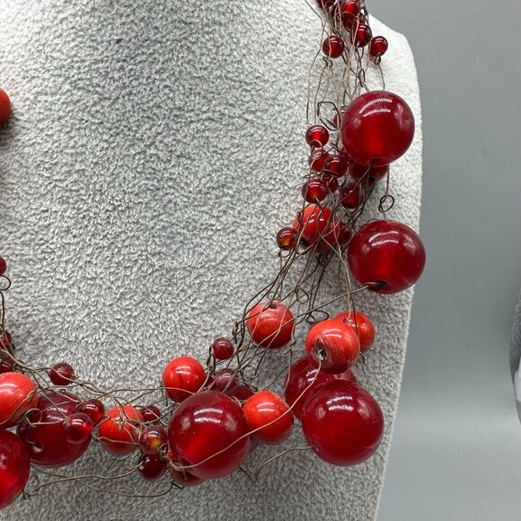 Manouk Red Necklace Multi Strand Wire Wrap Statement Brass Tone Boho Jewelry - Picture 4 of 11